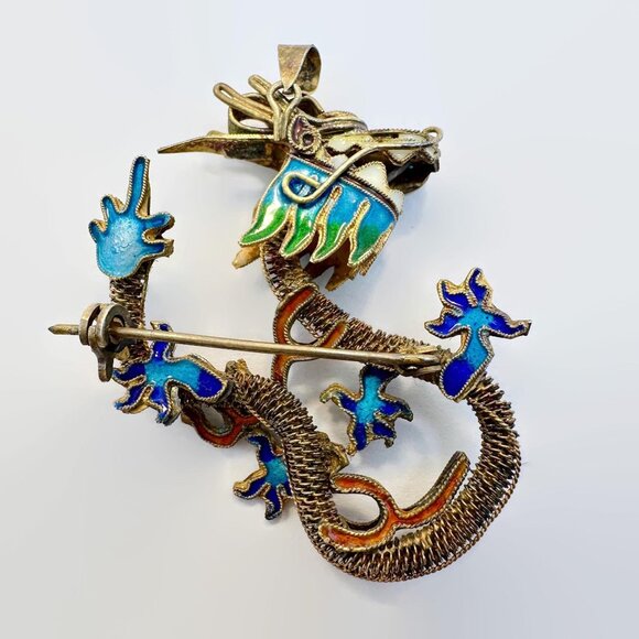 Chinese Export, Dragon, Brooch, Pendant, Enamel, Gold Gilt, Sterling, Vintage - Picture 4 of 4